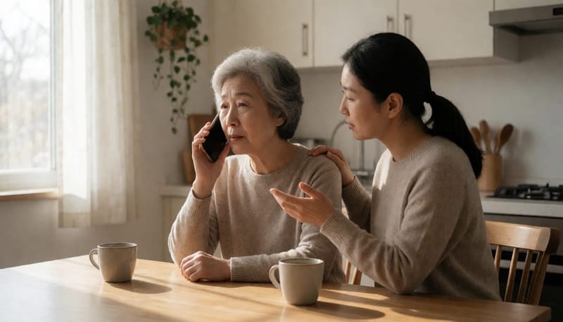 딸과 대화 중 소리를 잘 못 들어 되묻는 중년 여성의 모습