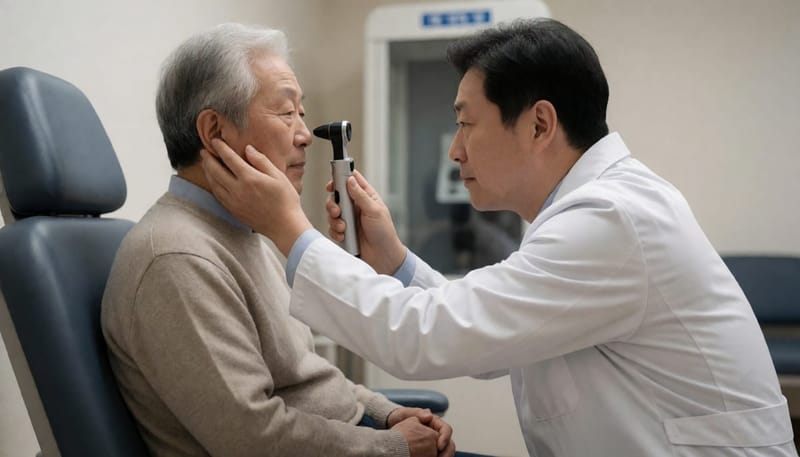 의사가 이경으로 환자의 귀 상태를 세심하게 살피는 진료 장면