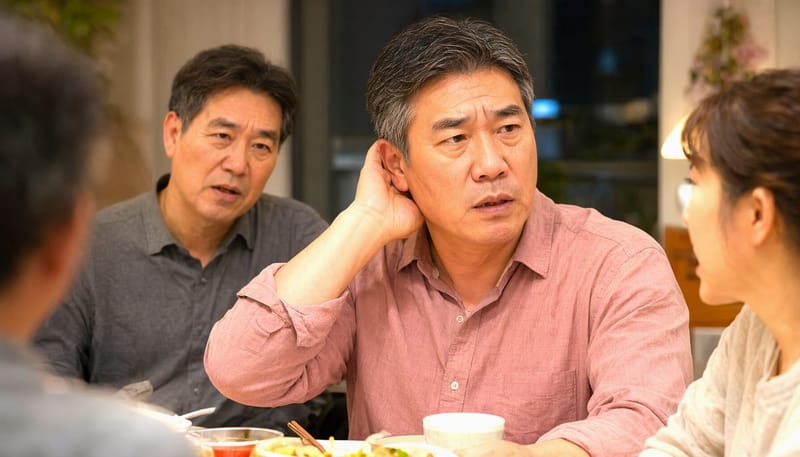 저녁 식사 자리에서 가족의 말을 놓쳐 귀를 기울이는 모습
