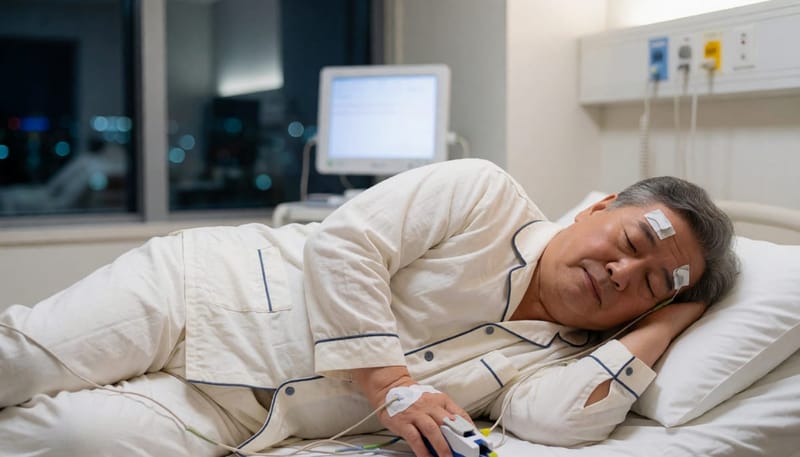 수면다원검사는 뇌파, 호흡, 산소포화도 등을 하룻밤 동안 함께 기록합니다.