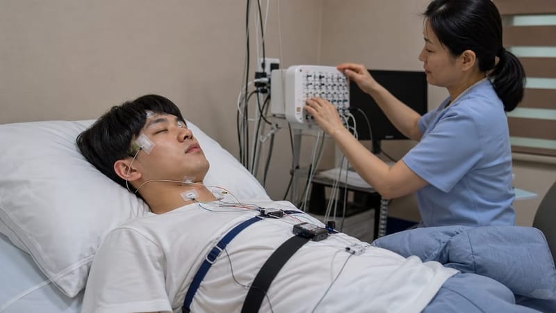 수면다원검사는 하룻밤 동안 뇌파와 호흡, 산소포화도 등을 함께 기록해 무호흡이나 다리떨림 같은 동반 질환 여부를 확인합니다.