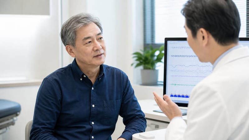 수면다원검사 결과를 바탕으로 치료 방향을 상담하는 모습입니다.