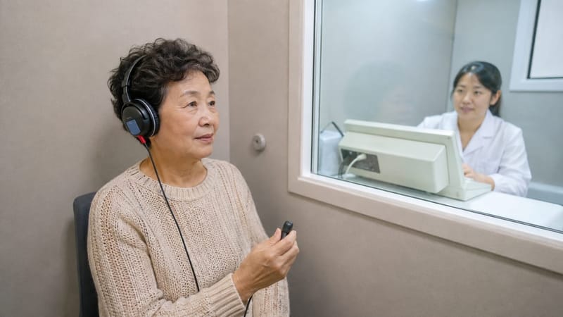 순음청력검사는 방음부스에서 주파수별 청력 역치를 측정하는 방식으로 진행됩니다