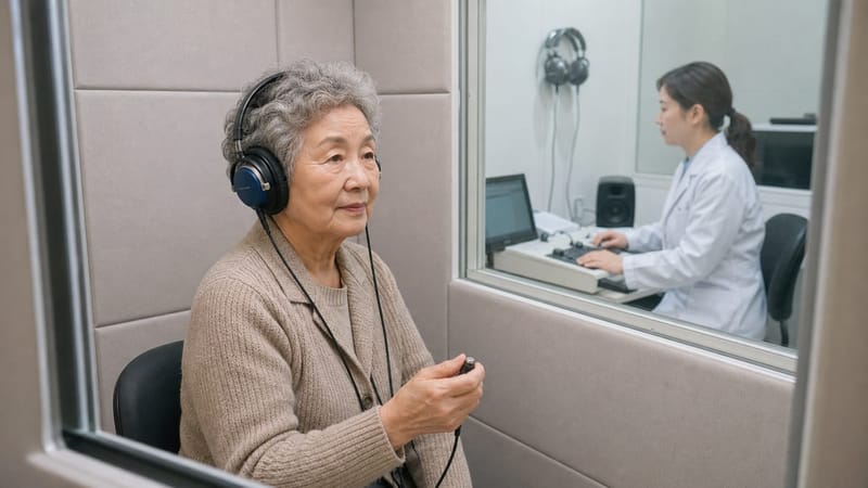 방음 부스에서 진행되는 순음청력검사는 주파수별 최소 가청 역치를 확인하는 기본 검사입니다.