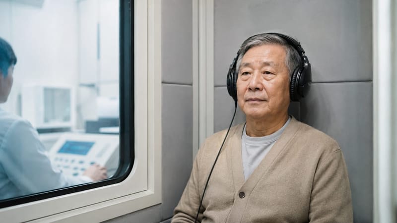 청력검사 부스에서 헤드폰을 착용하고 순음청력검사를 받는 모습입니다.