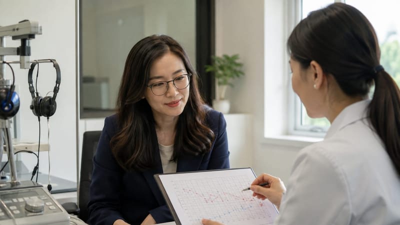 청력검사 결과지를 통해 주파수별 청력 상태를 확인하는 장면입니다.