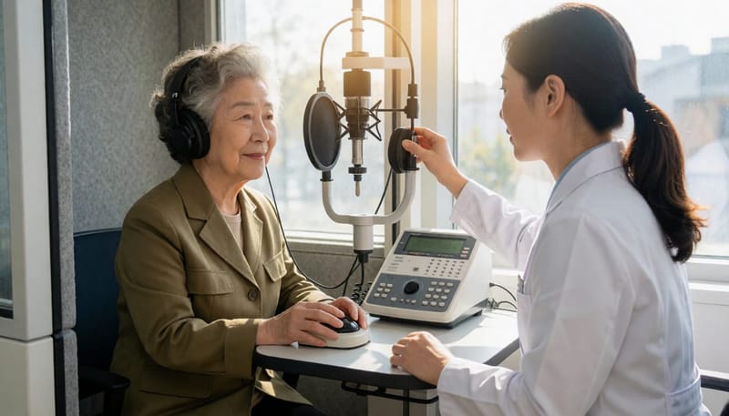 순음청력검사는 방음부스에서 주파수별로 들리는 소리를 확인하는 방식으로 진행됩니다.