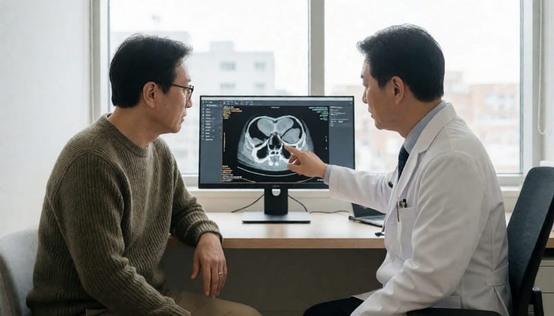 부비동 CT 영상으로 염증 범위와 점막 비후를 확인하는 진료 장면