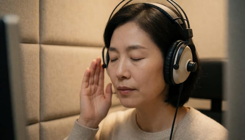 방음 부스에서 헤드폰을 착용하고 청력검사를 받는 여성의 모습