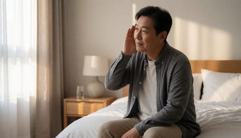 아침에 한쪽 귀 먹먹함을 느끼며 귀에 손을 대는 남성의 모습