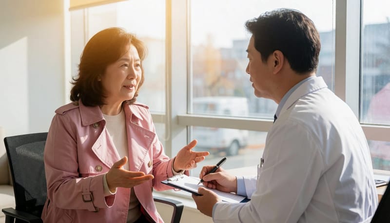 진료실에서 어지럼증 증상과 동반 증상을 함께 설명하는 모습