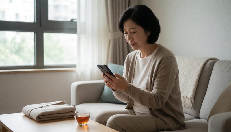 거실 소파에 앉아 휴대폰을 든 채 고민하는 중년 여성의 모습
