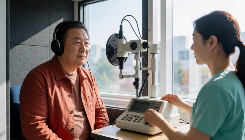 순음청력검사로 청력 변화를 확인하는 모습