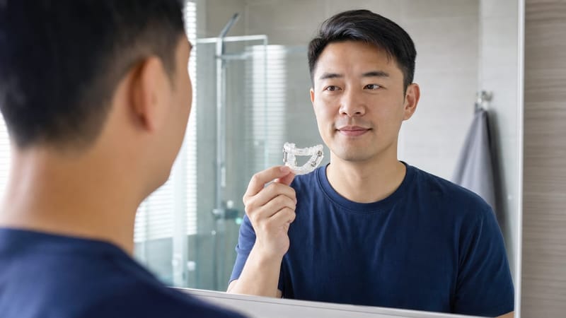 구강내 장치는 하악이 뒤로 처진 경도~중등도 코골이에서 고려해볼 수 있는 방법입니다