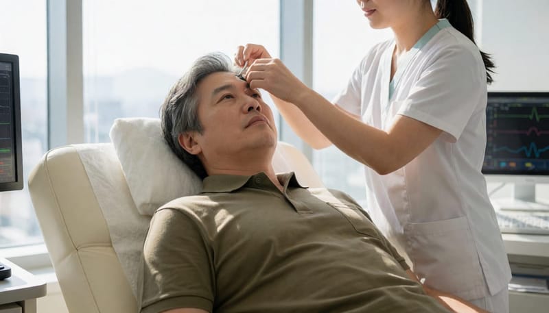 수면다원검사 중 호흡과 뇌파를 함께 기록하는 모습