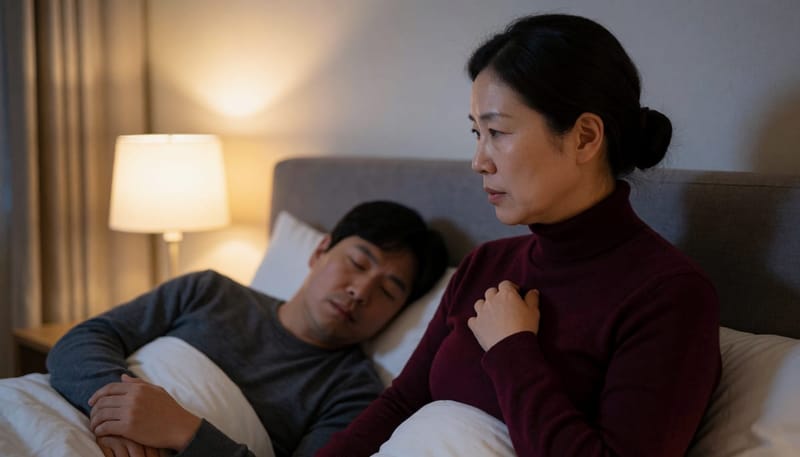 가족의 코골이와 호흡 변화를 지켜보는 보호자의 모습
