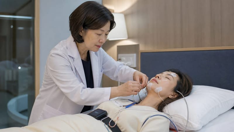 수면다원검사는 하룻밤 동안 뇌파와 호흡, 혈중 산소포화도 등을 함께 기록하는 방식으로 진행됩니다.