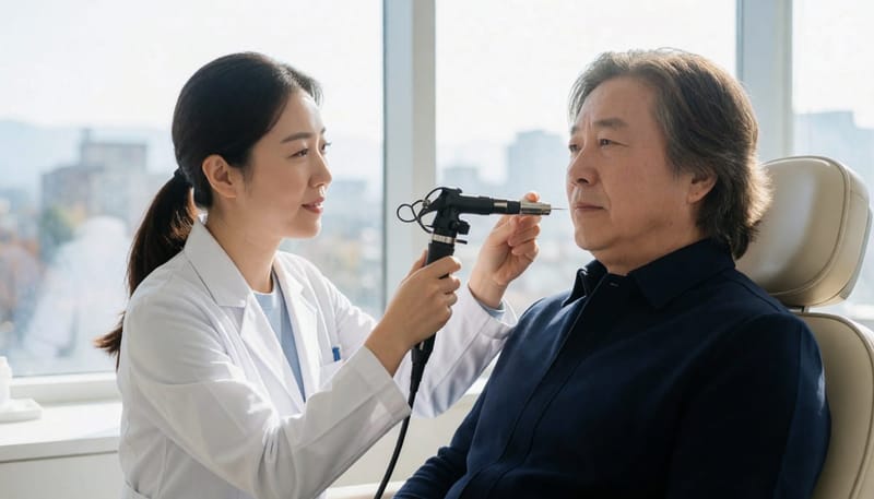 비강 내시경 검사로 코막힘의 원인을 확인하는 진료 장면입니다.