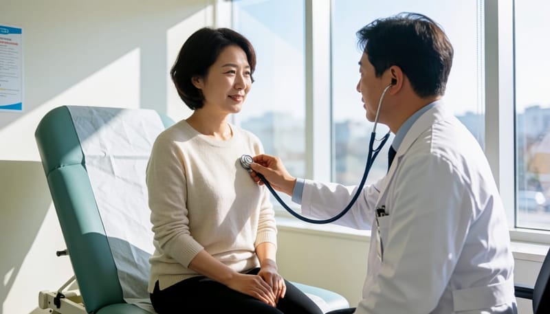 기침 지속 기간과 청진 소견을 바탕으로 원인을 좁혀가는 진료 과정입니다.