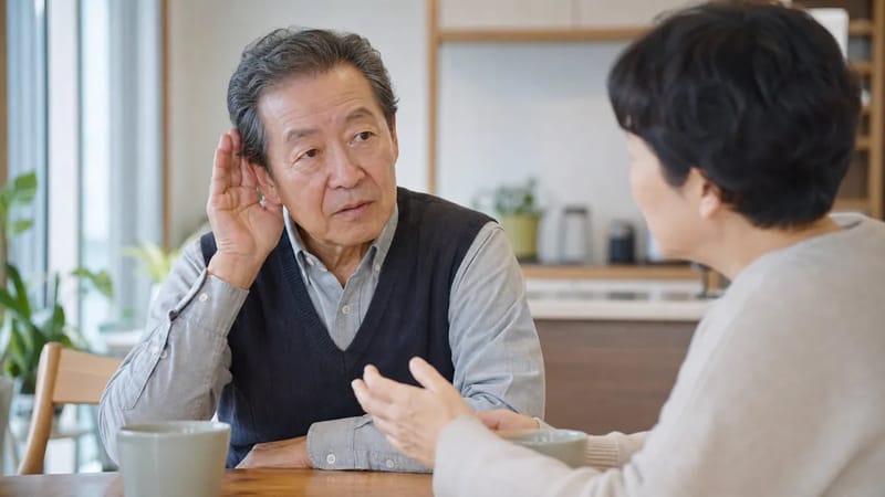 대화 중 소리를 더 집중해서 들으려 하는 모습