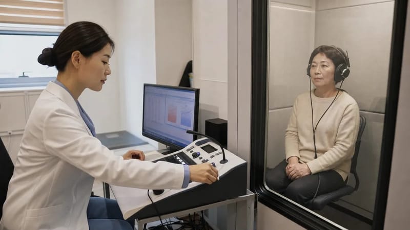 방음 부스에서 순음청력검사를 진행하는 모습
