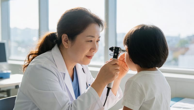 이경 검사로 고막의 색깔과 삼출액 유무를 확인하는 과정입니다.