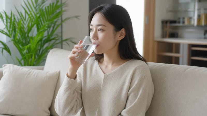 집에서 수분 섭취와 컨디션을 스스로 점검하는 모습