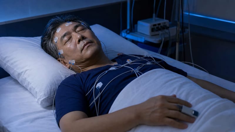 수면다원검사는 여러 개의 센서를 부착한 채 하룻밤 동안 수면 상태를 기록합니다.