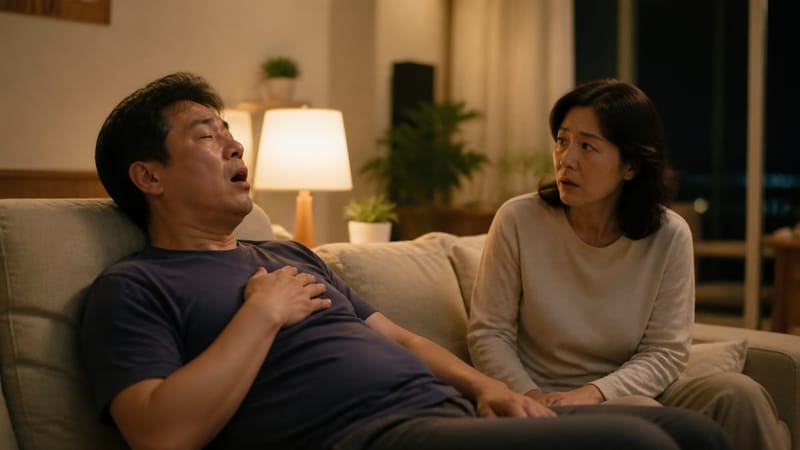 코골이 중 숨소리가 반복적으로 끊기는 모습을 가족이 지켜보는 상황