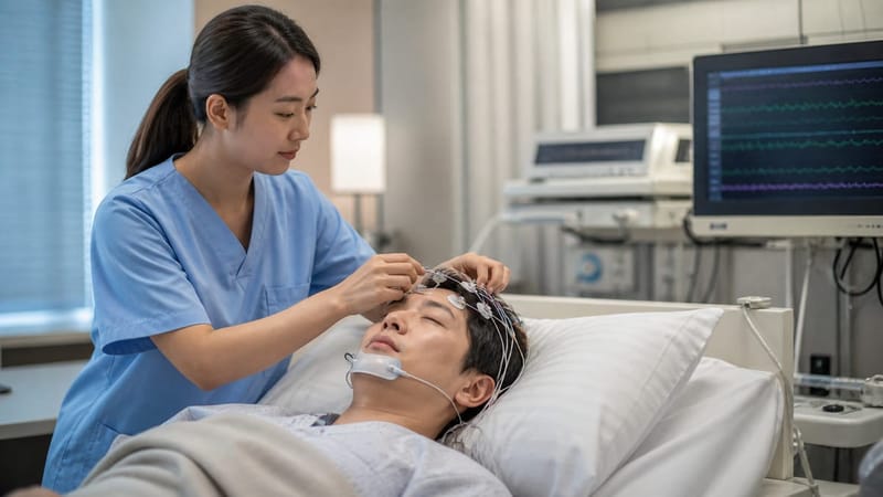 검사 당일 뇌파·호흡·산소포화도 센서를 부착하는 과정