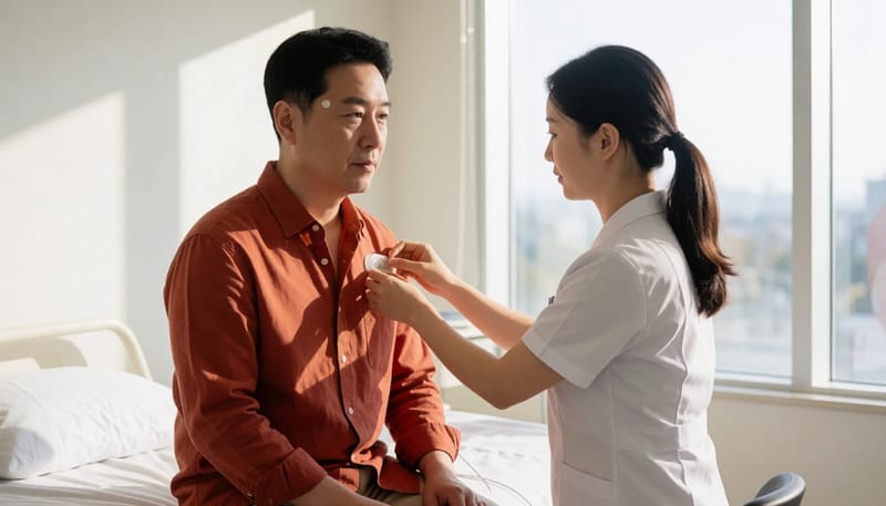 수면다원검사를 위해 다양한 센서를 부착받는 모습