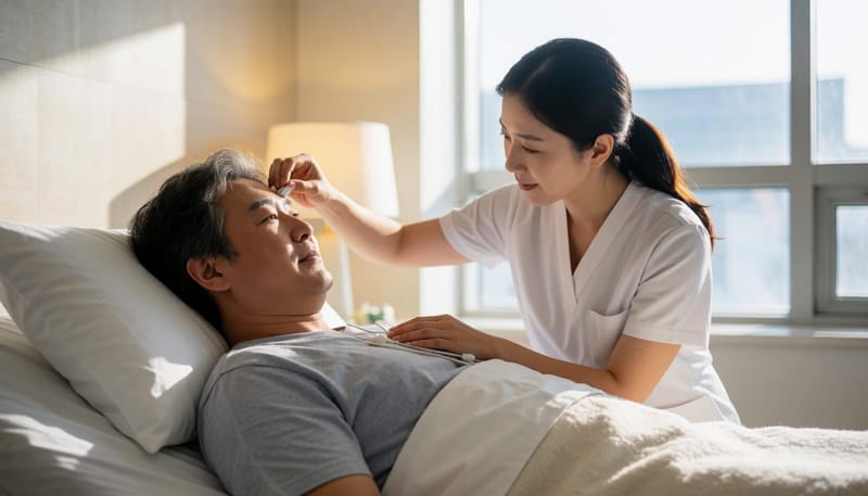 검사실에서는 뇌파, 호흡, 산소포화도를 동시에 측정하는 센서를 부착합니다.
