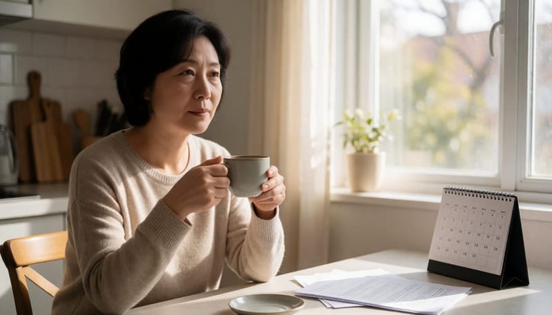 수면 부족으로 지친 표정의 여성이 아침에 커피잔을 들고 앉아 있다
