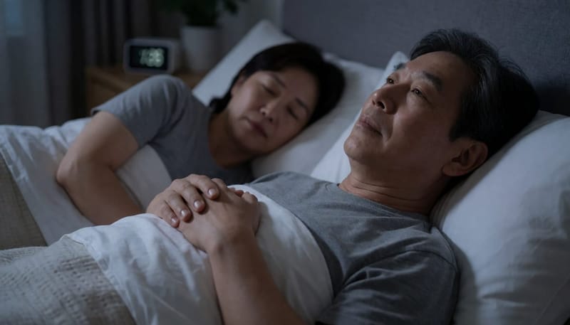 한밤중 잠들지 못하고 천장을 바라보며 뒤척이는 중년 남성의 모습