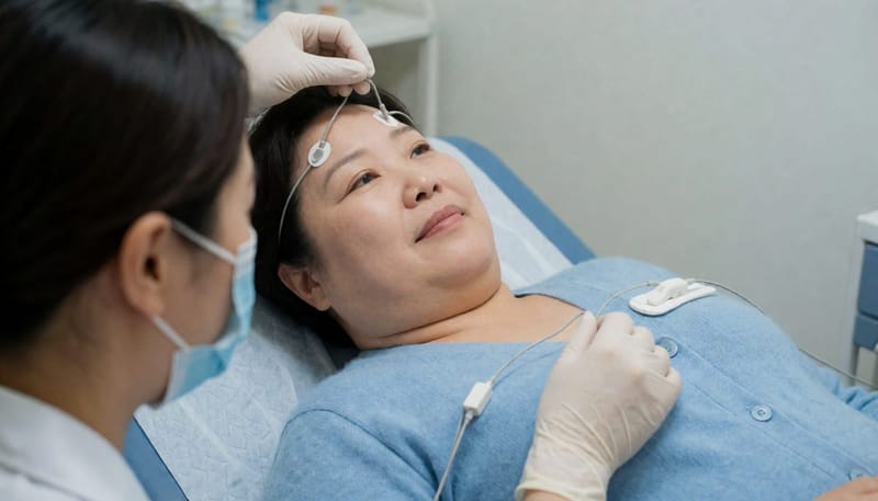 수면다원검사는 하룻밤 동안 뇌파와 호흡, 산소포화도 등을 함께 기록합니다.