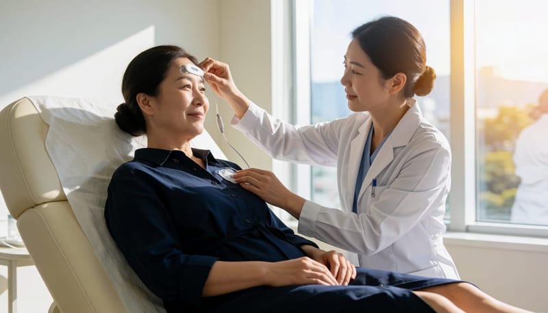 수면다원검사에서 뇌파와 호흡, 산소포화도를 측정하기 위해 센서를 부착하는 모습입니다.
