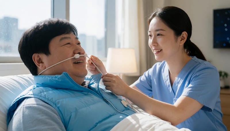 수면다원검사 중 산소포화도와 호흡 흐름을 기록하는 장면