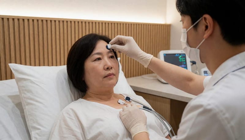 기술자가 이마와 가슴에 센서를 하나씩 붙여 나간다