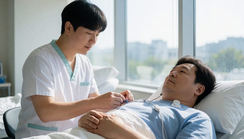 수면다원검사는 하룻밤 동안 뇌파와 호흡, 산소포화도 등을 함께 기록합니다.