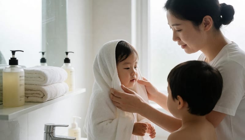 물놀이 후 아이 몸을 수건으로 닦아주며 관리하는 모습