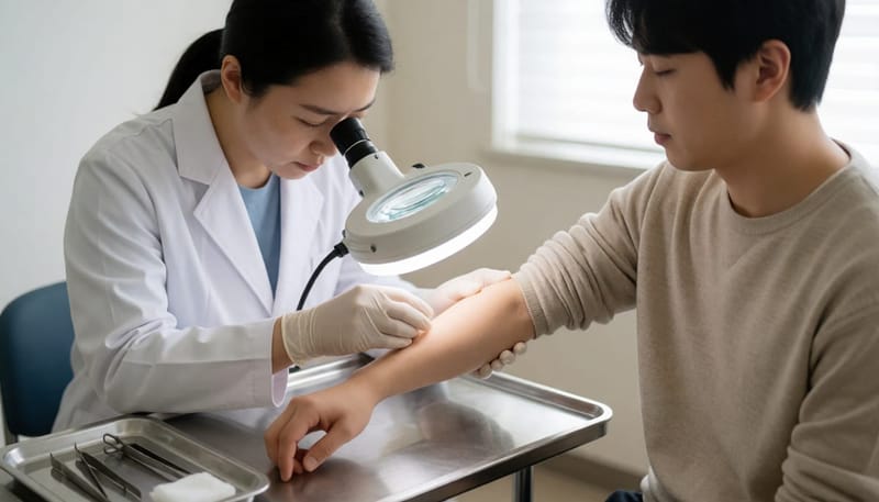 피부과에서 병변을 진찰하며 치료 방법을 논의하는 의사와 환아