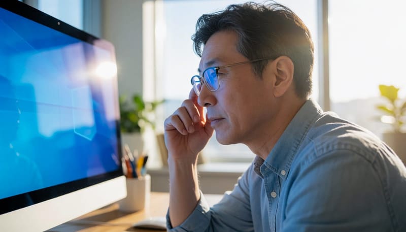 모니터 불빛에 눈을 찡그리며 집중하는 남성 옆얼굴