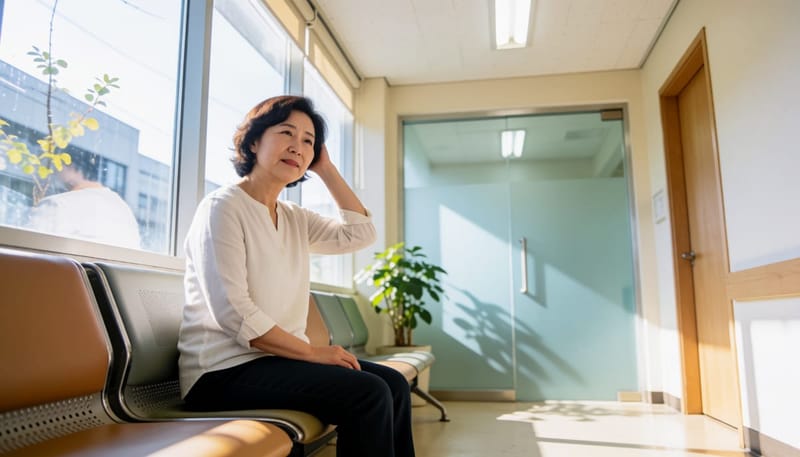 병원 대기실에서 불편한 표정으로 앉아 있는 여성