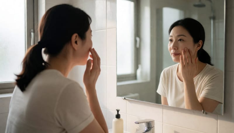 거울 보며 부은 얼굴 확인하는 여성