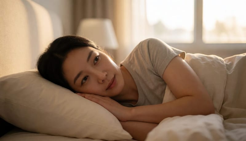 아침에 침대에서 눈뜨는 여성 얼굴
