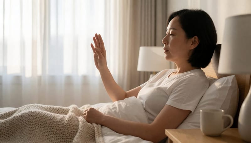 아침에 눈뜬 여성이 부은 손을 바라보는 침실 장면