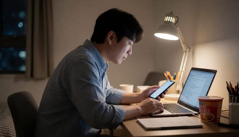 20대 남성이 잘못된 자세로 노트북과 스마트폰을 사용하는 모습