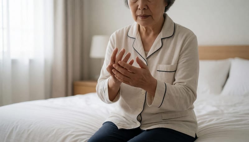 60대 이상 여성이 부은 손을 걱정스럽게 살펴보는 모습