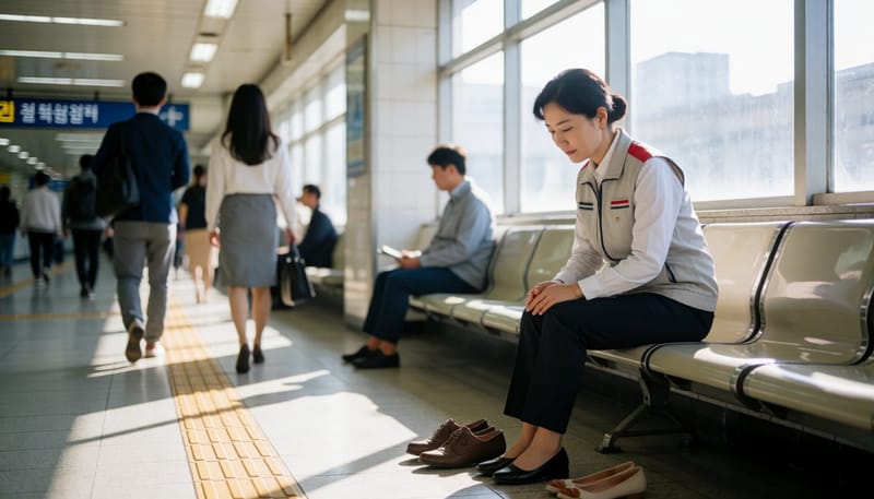 퇴근길 지하철역 벤치에서 발볼을 손으로 누르며 통증을 느끼는 여성