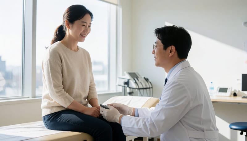 병원 진료실에서 의사가 환자의 발가락 사이를 촉진하며 검사하는 모습